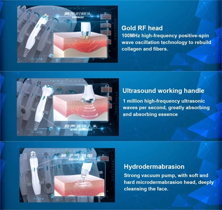 El más nuevo cuidado de la piel 7 en 1 máquina facial de chorro de oxígeno RF azul hielo inteligente